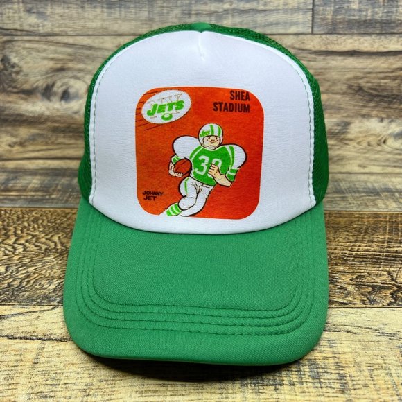 NY Jets Mens Trucker Hat Green Snapback Johnny Jet Shea Stadium Football Cap - Picture 2 of 8